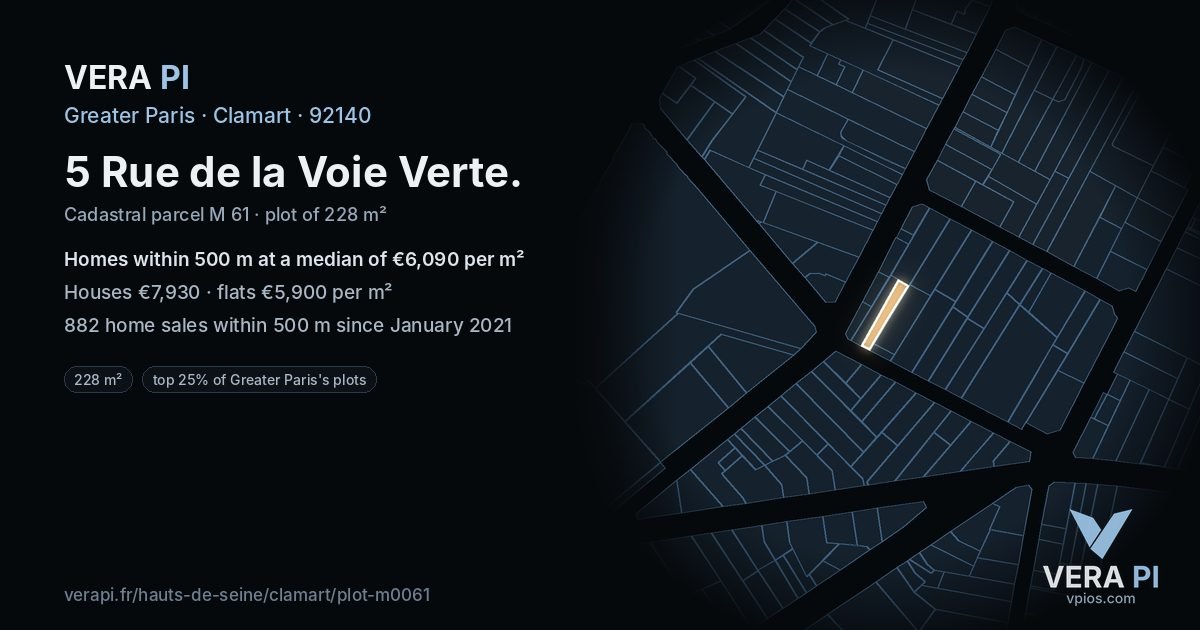 5 Rue de la Voie Verte, Clamart at night – the plot lit, the parcels around coloured by the prices near them
