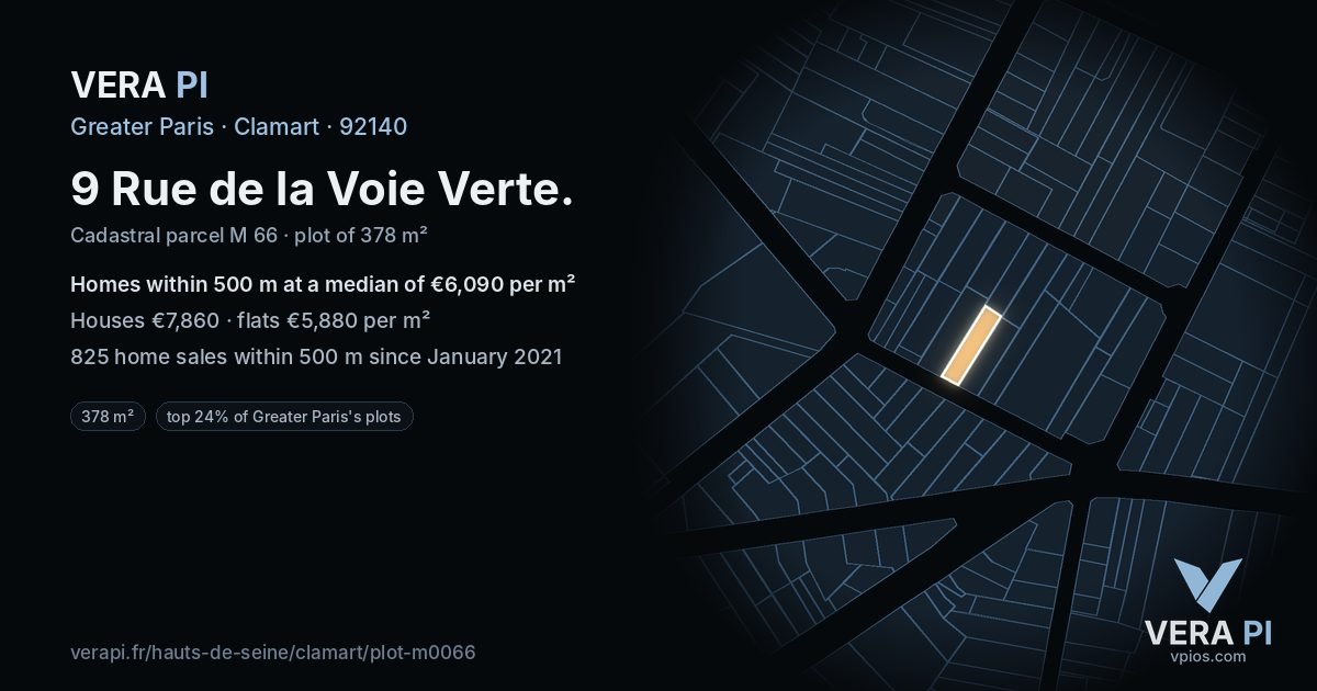9 Rue de la Voie Verte, Clamart at night – the plot lit, the parcels around coloured by the prices near them