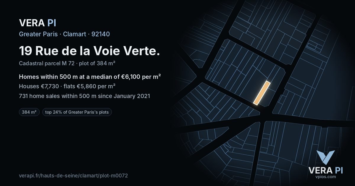 19 Rue de la Voie Verte, Clamart at night – the plot lit, the parcels around coloured by the prices near them
