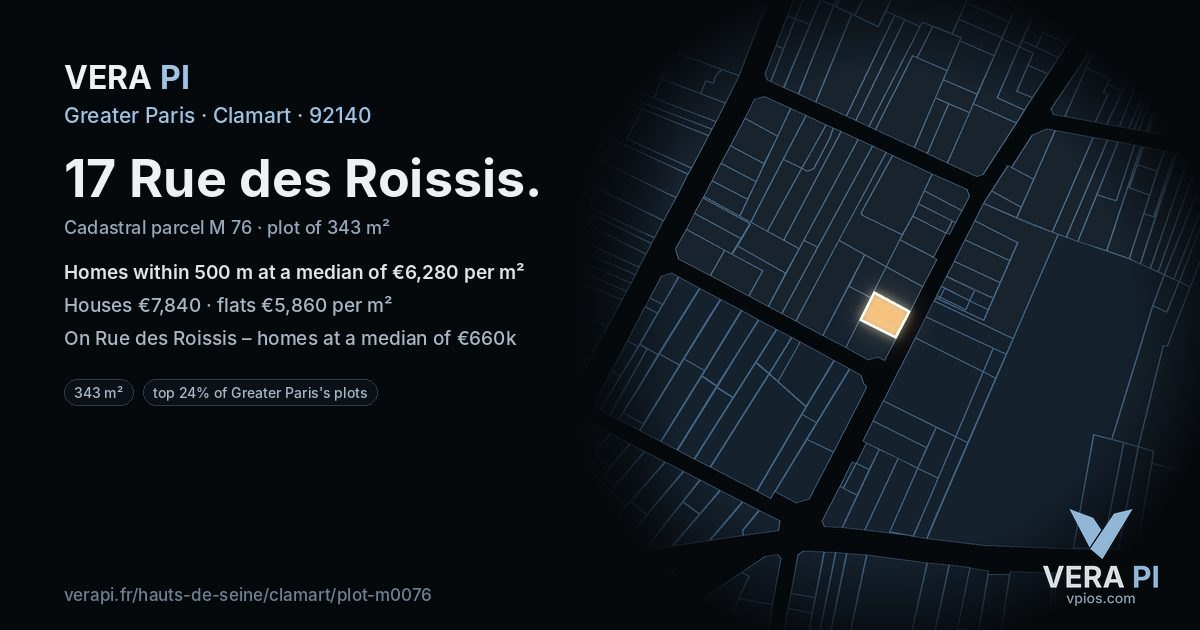 17 Rue des Roissis, Clamart at night – the plot lit, the parcels around coloured by the prices near them