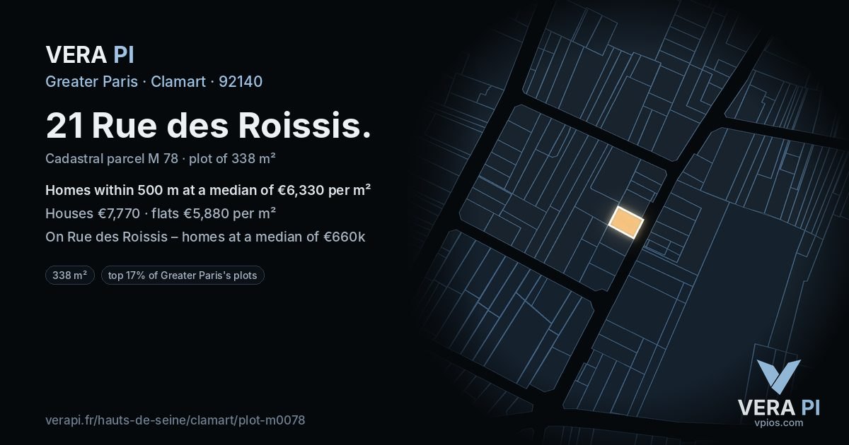 21 Rue des Roissis, Clamart at night – the plot lit, the parcels around coloured by the prices near them