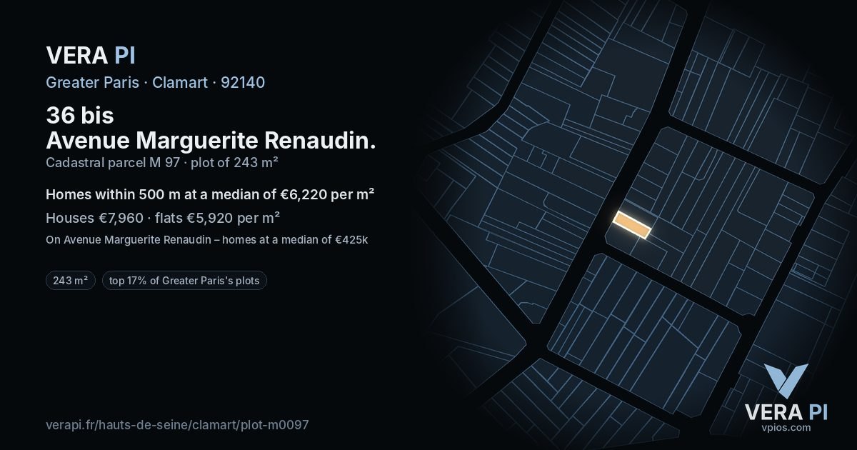 36 bis Avenue Marguerite Renaudin, Clamart at night – the plot lit, the parcels around coloured by the prices near them