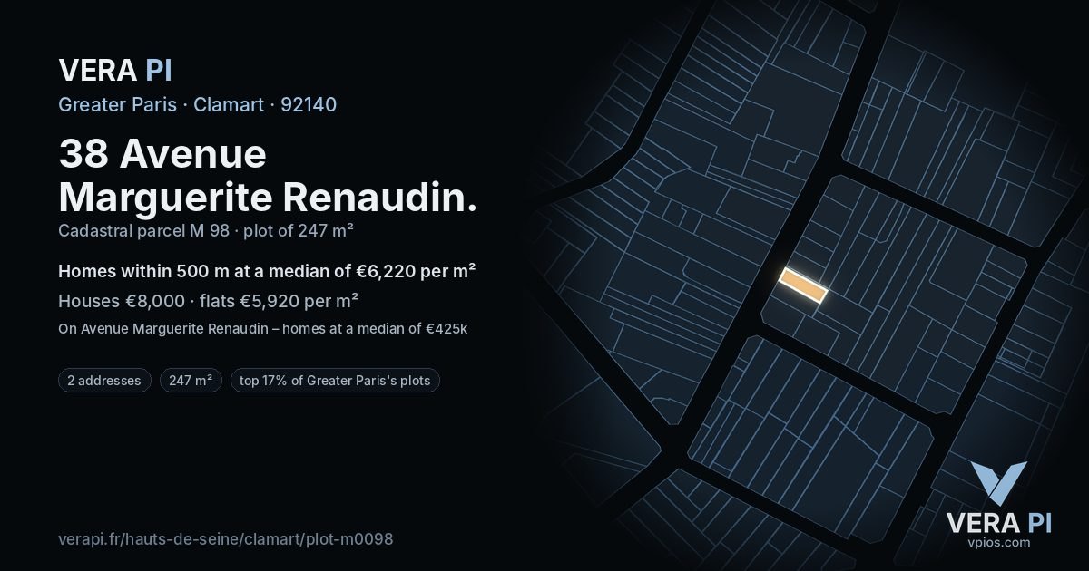 38 Avenue Marguerite Renaudin, Clamart at night – the plot lit, the parcels around coloured by the prices near them