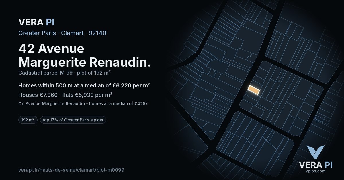 42 Avenue Marguerite Renaudin, Clamart at night – the plot lit, the parcels around coloured by the prices near them