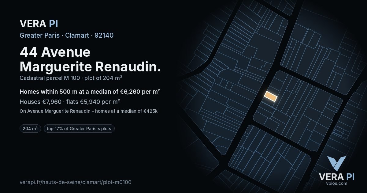 44 Avenue Marguerite Renaudin, Clamart at night – the plot lit, the parcels around coloured by the prices near them