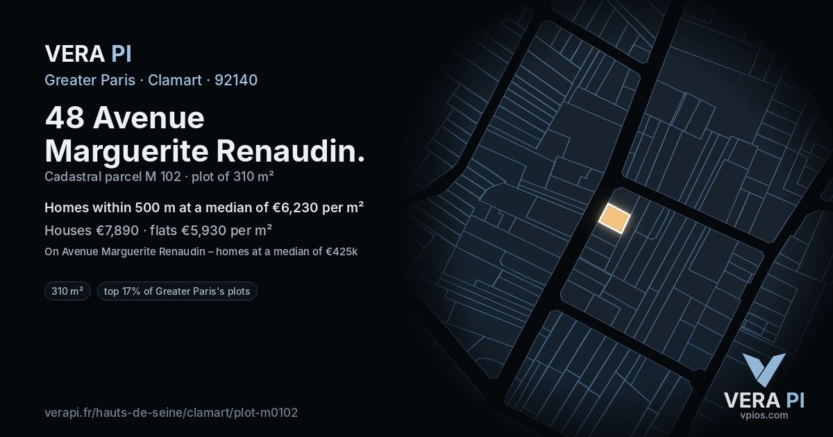 48 Avenue Marguerite Renaudin, Clamart at night – the plot lit, the parcels around coloured by the prices near them