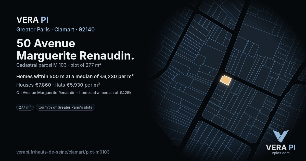 50 Avenue Marguerite Renaudin, Clamart at night – the plot lit, the parcels around coloured by the prices near them