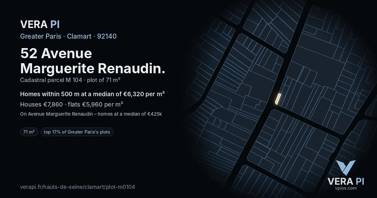 52 Avenue Marguerite Renaudin, Clamart at night – the plot lit, the parcels around coloured by the prices near them