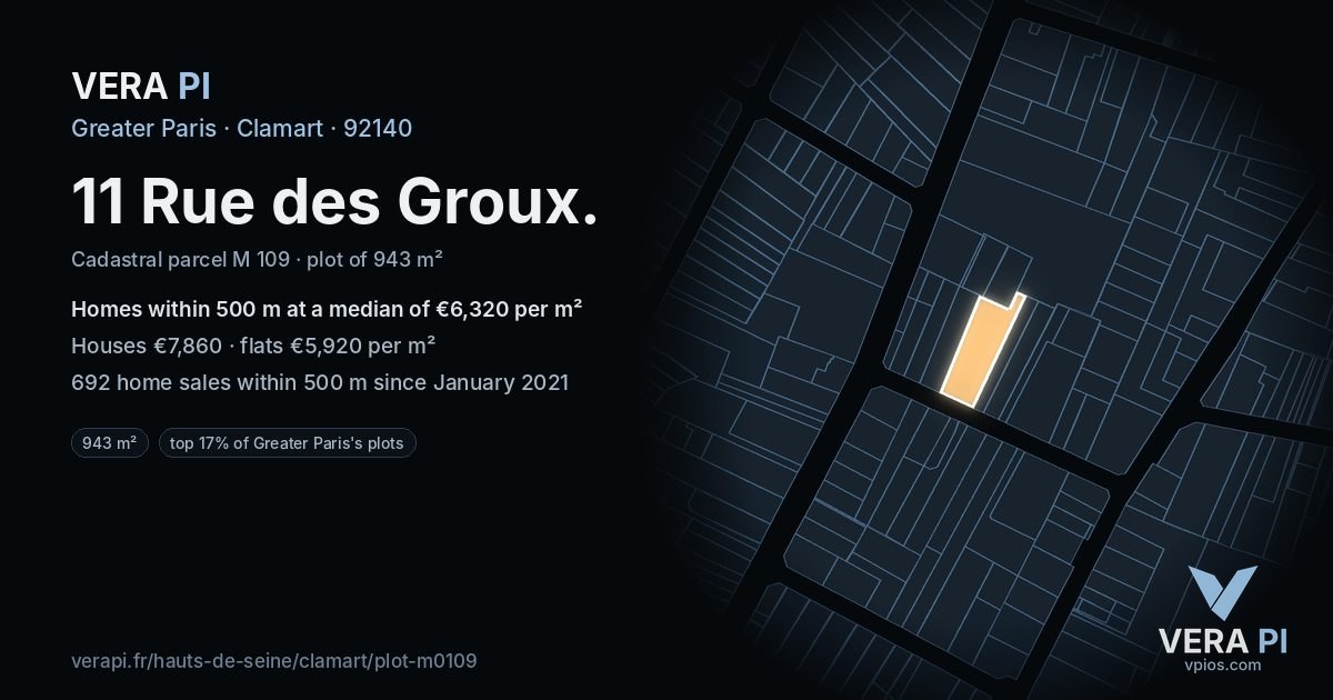 11 Rue des Groux, Clamart at night – the plot lit, the parcels around coloured by the prices near them
