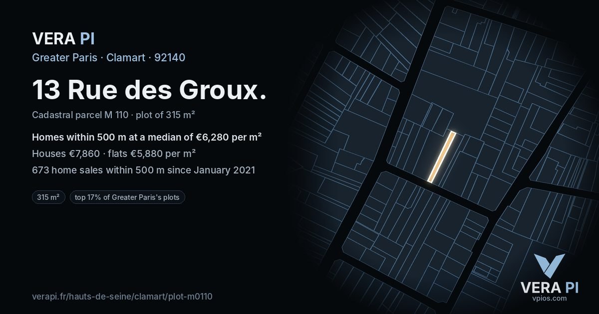 13 Rue des Groux, Clamart at night – the plot lit, the parcels around coloured by the prices near them