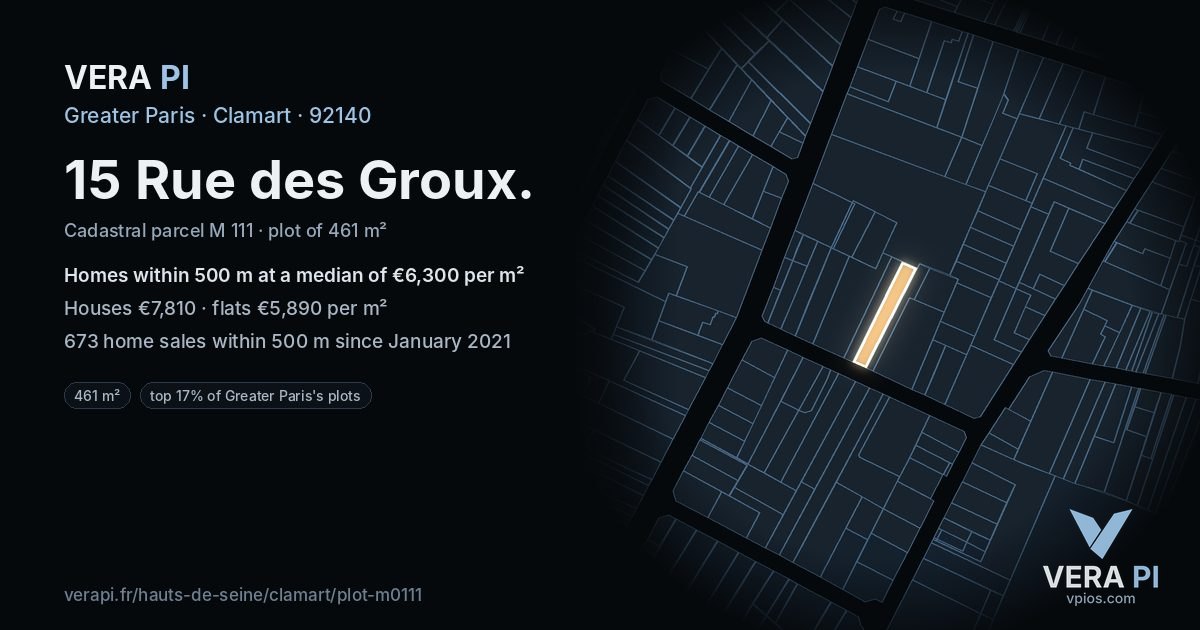 15 Rue des Groux, Clamart at night – the plot lit, the parcels around coloured by the prices near them