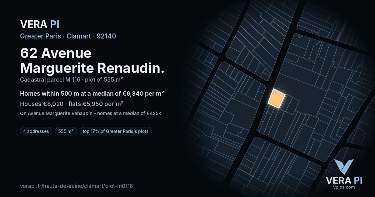 62 Avenue Marguerite Renaudin, Clamart at night – the plot lit, the parcels around coloured by the prices near them
