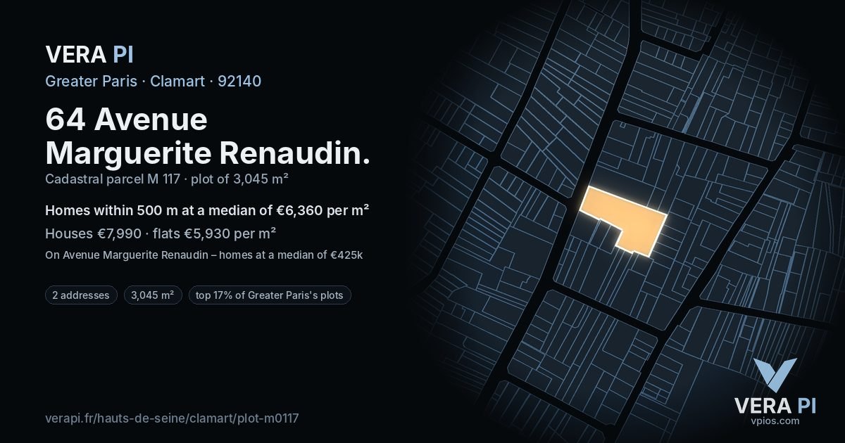 64 Avenue Marguerite Renaudin, Clamart at night – the plot lit, the parcels around coloured by the prices near them