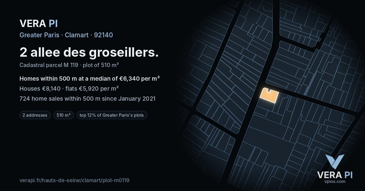 2 allee des groseillers, Clamart at night – the plot lit, the parcels around coloured by the prices near them