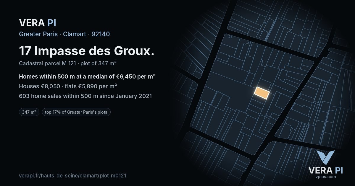 17 Impasse des Groux, Clamart at night – the plot lit, the parcels around coloured by the prices near them