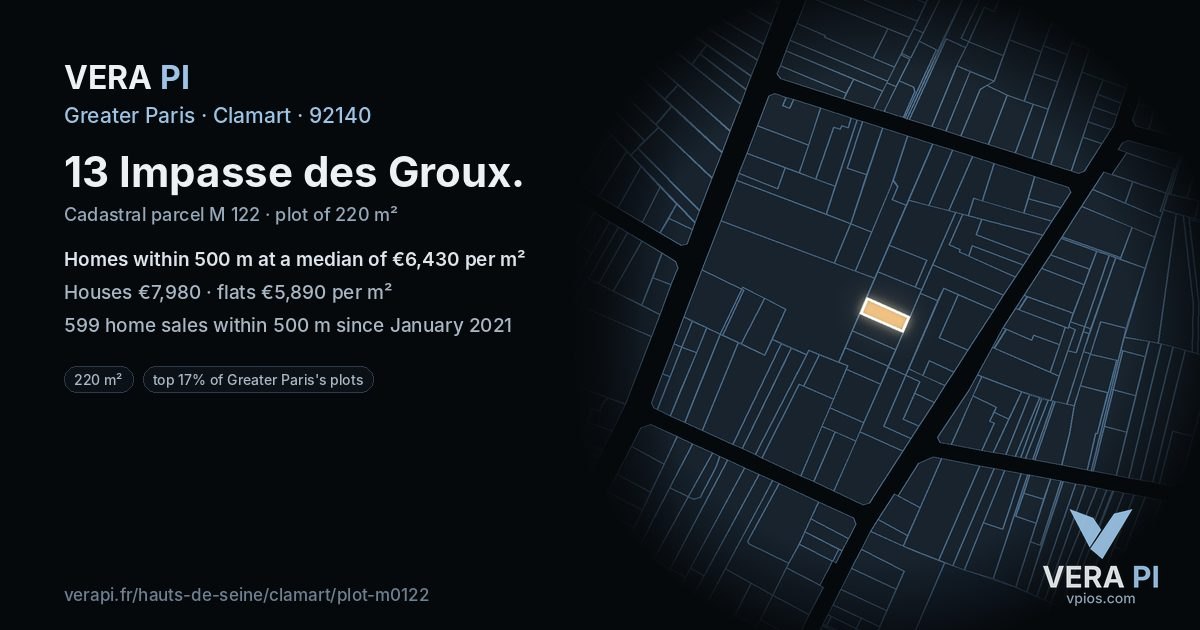 13 Impasse des Groux, Clamart at night – the plot lit, the parcels around coloured by the prices near them