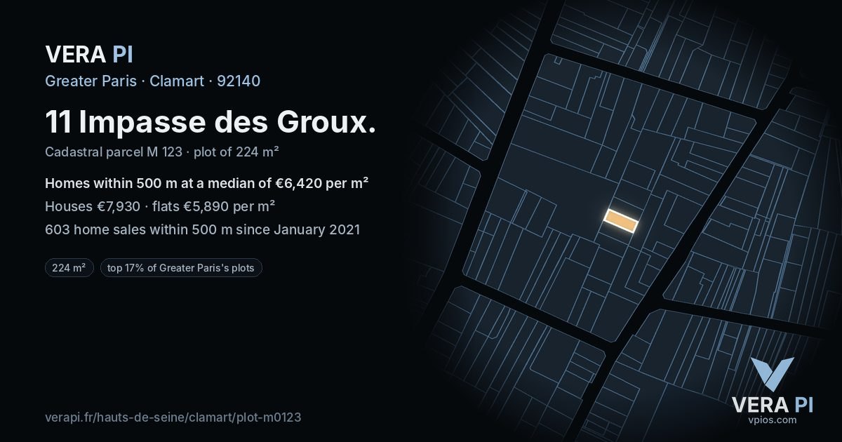 11 Impasse des Groux, Clamart at night – the plot lit, the parcels around coloured by the prices near them