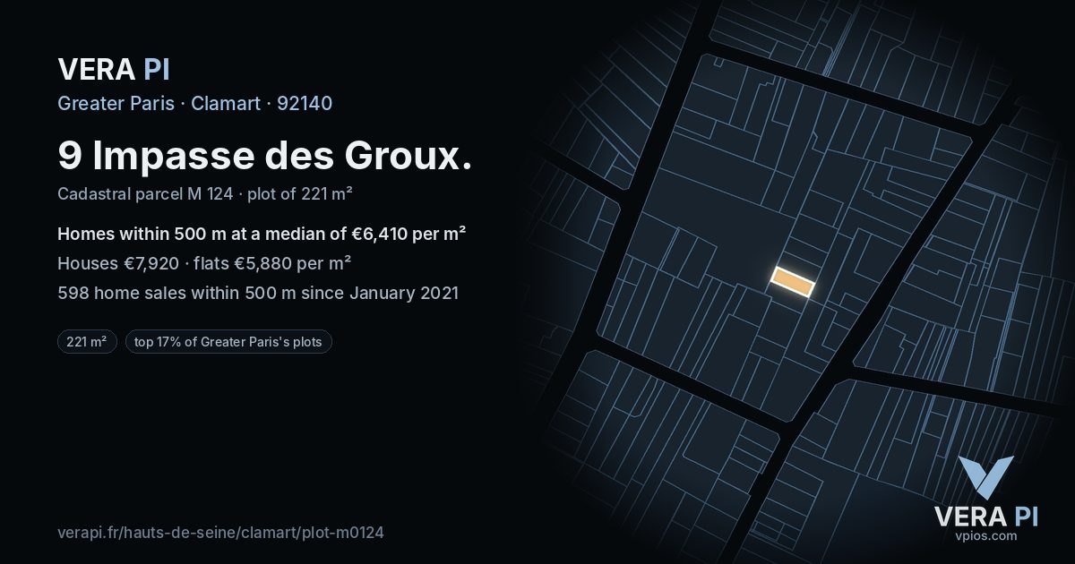 9 Impasse des Groux, Clamart at night – the plot lit, the parcels around coloured by the prices near them