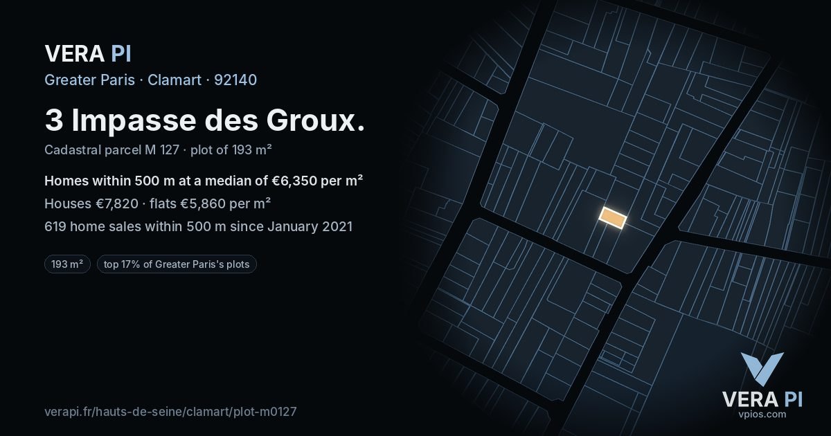 3 Impasse des Groux, Clamart at night – the plot lit, the parcels around coloured by the prices near them