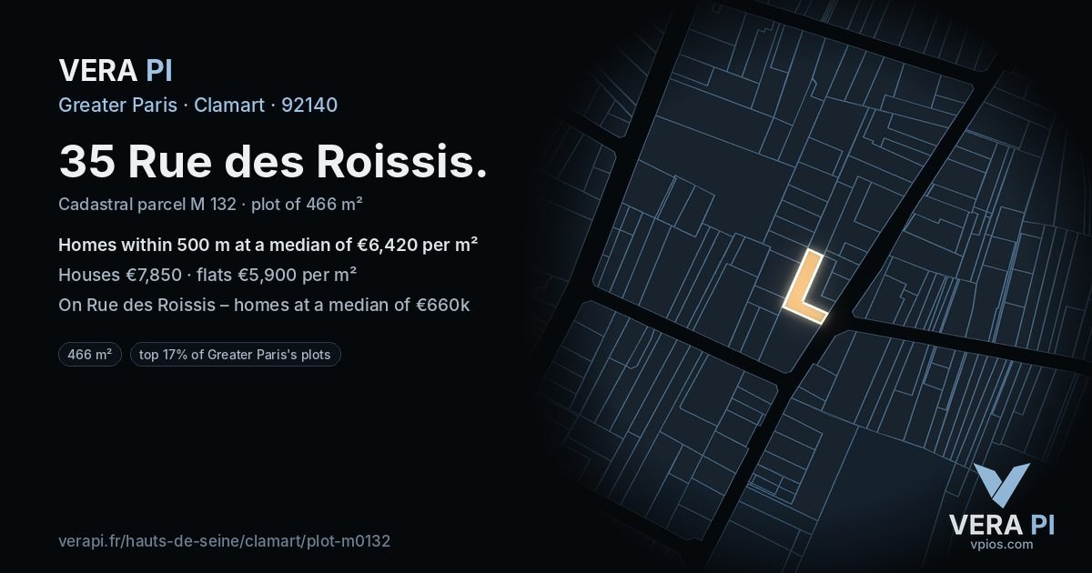 35 Rue des Roissis, Clamart at night – the plot lit, the parcels around coloured by the prices near them