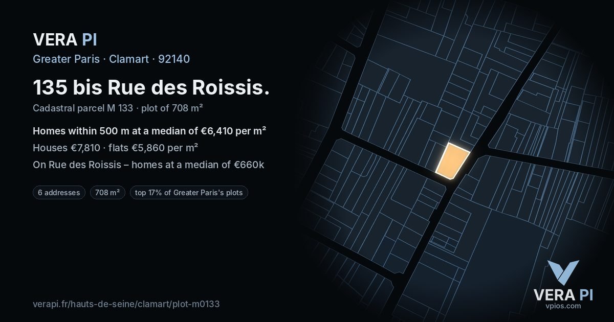 135 bis Rue des Roissis, Clamart at night – the plot lit, the parcels around coloured by the prices near them