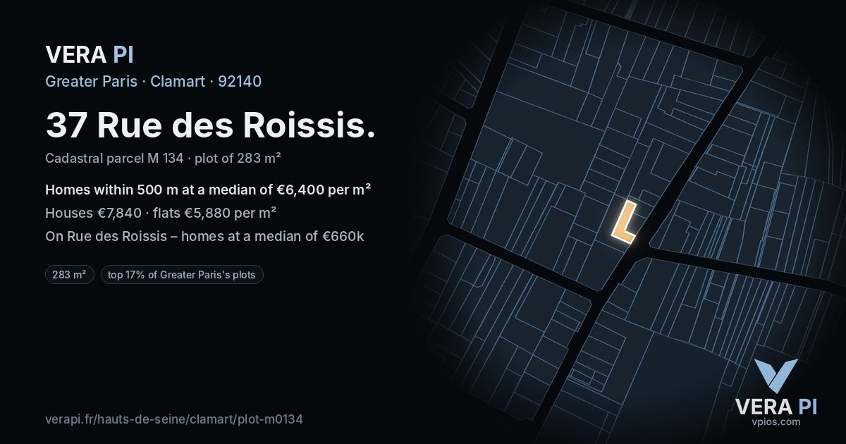 37 Rue des Roissis, Clamart at night – the plot lit, the parcels around coloured by the prices near them