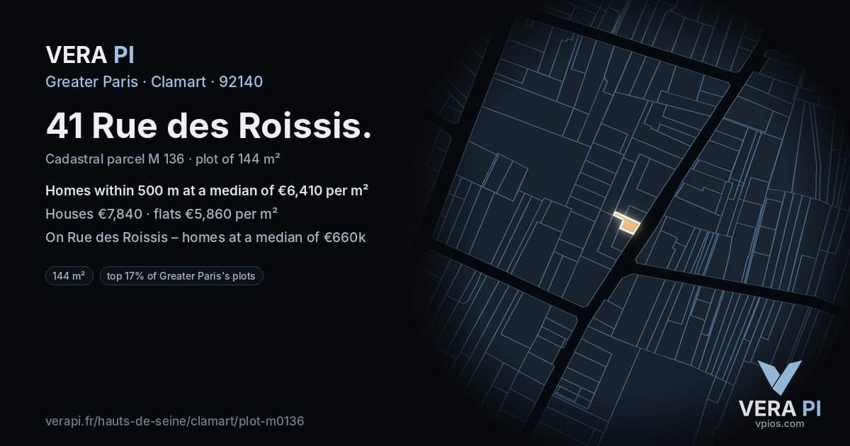 41 Rue des Roissis, Clamart at night – the plot lit, the parcels around coloured by the prices near them