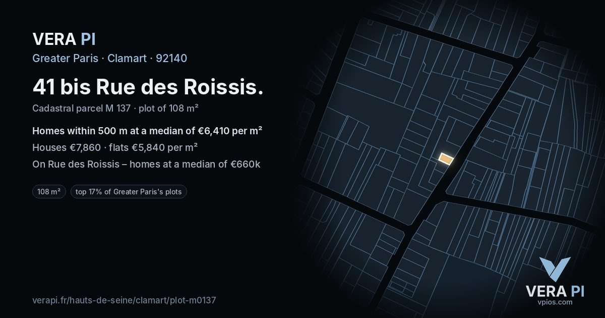 41 bis Rue des Roissis, Clamart at night – the plot lit, the parcels around coloured by the prices near them