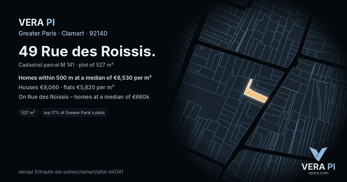 49 Rue des Roissis, Clamart at night – the plot lit, the parcels around coloured by the prices near them