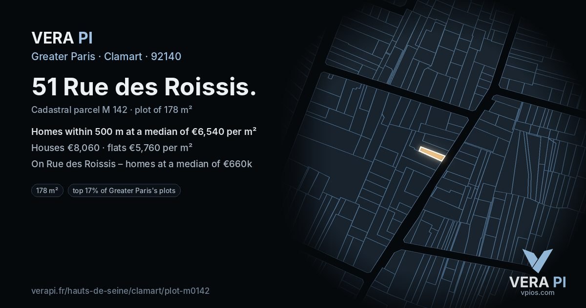 51 Rue des Roissis, Clamart at night – the plot lit, the parcels around coloured by the prices near them