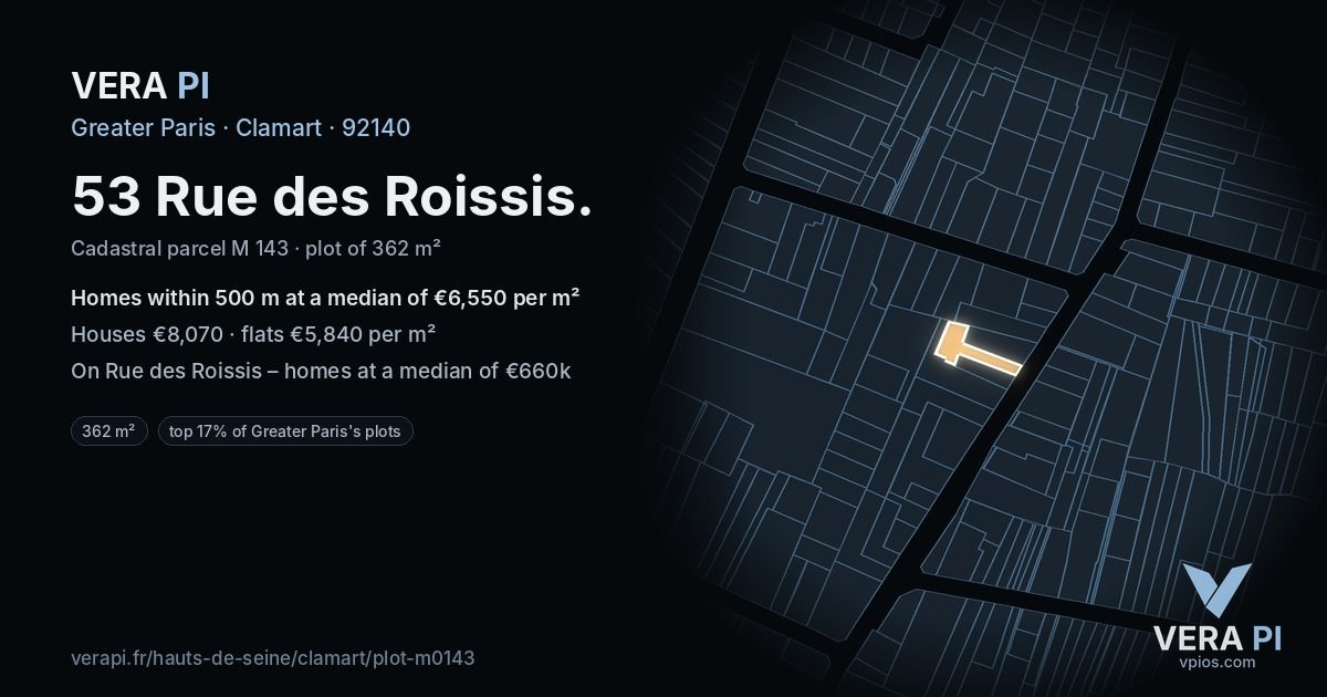 53 Rue des Roissis, Clamart at night – the plot lit, the parcels around coloured by the prices near them