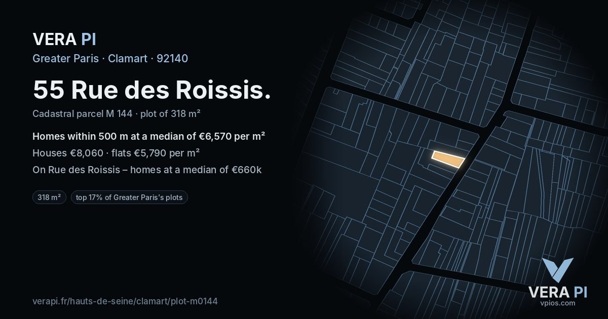 55 Rue des Roissis, Clamart at night – the plot lit, the parcels around coloured by the prices near them