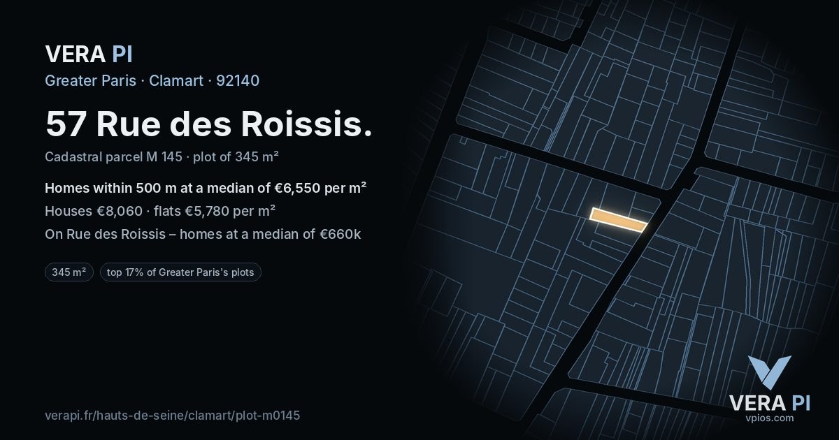 57 Rue des Roissis, Clamart at night – the plot lit, the parcels around coloured by the prices near them