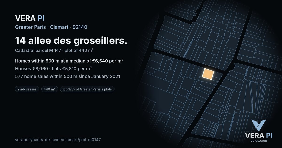 14 allee des groseillers, Clamart at night – the plot lit, the parcels around coloured by the prices near them