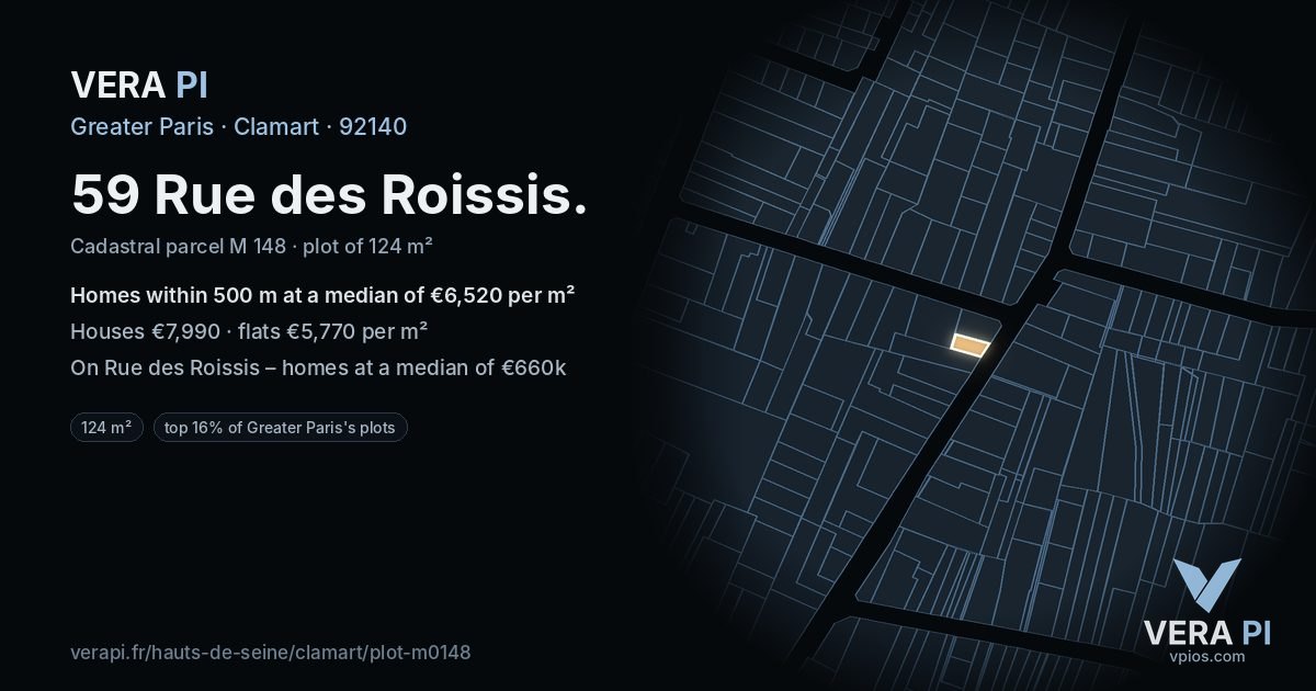 59 Rue des Roissis, Clamart at night – the plot lit, the parcels around coloured by the prices near them