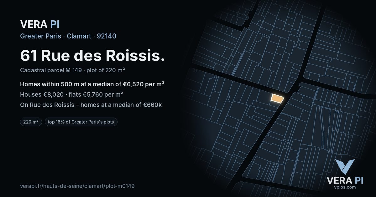 61 Rue des Roissis, Clamart at night – the plot lit, the parcels around coloured by the prices near them