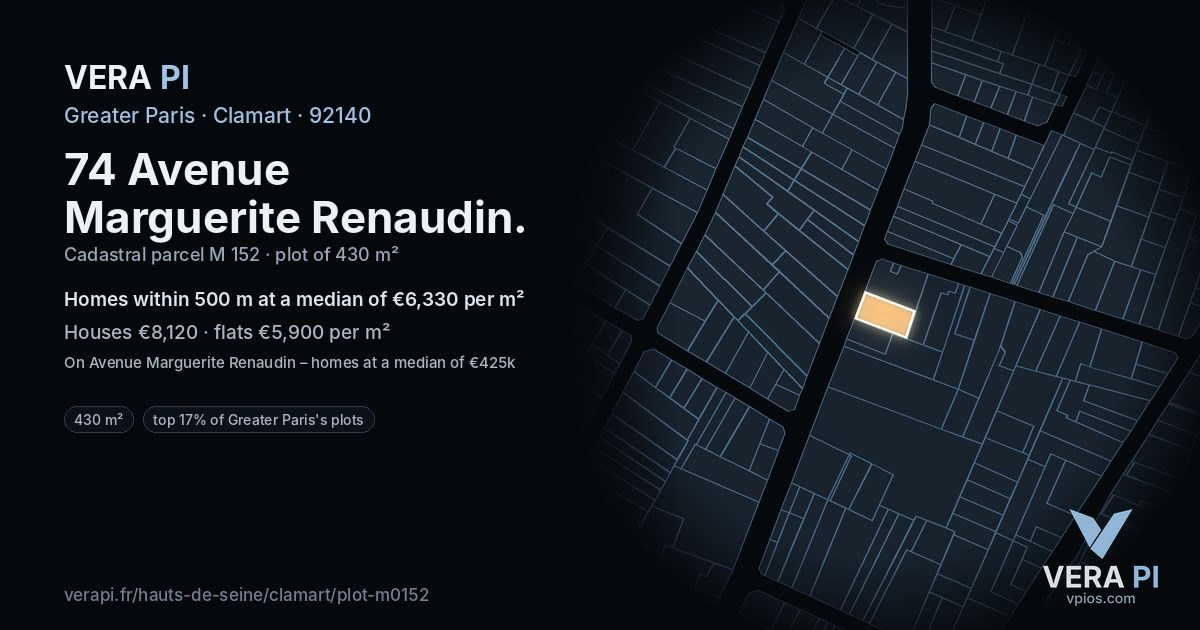 74 Avenue Marguerite Renaudin, Clamart at night – the plot lit, the parcels around coloured by the prices near them