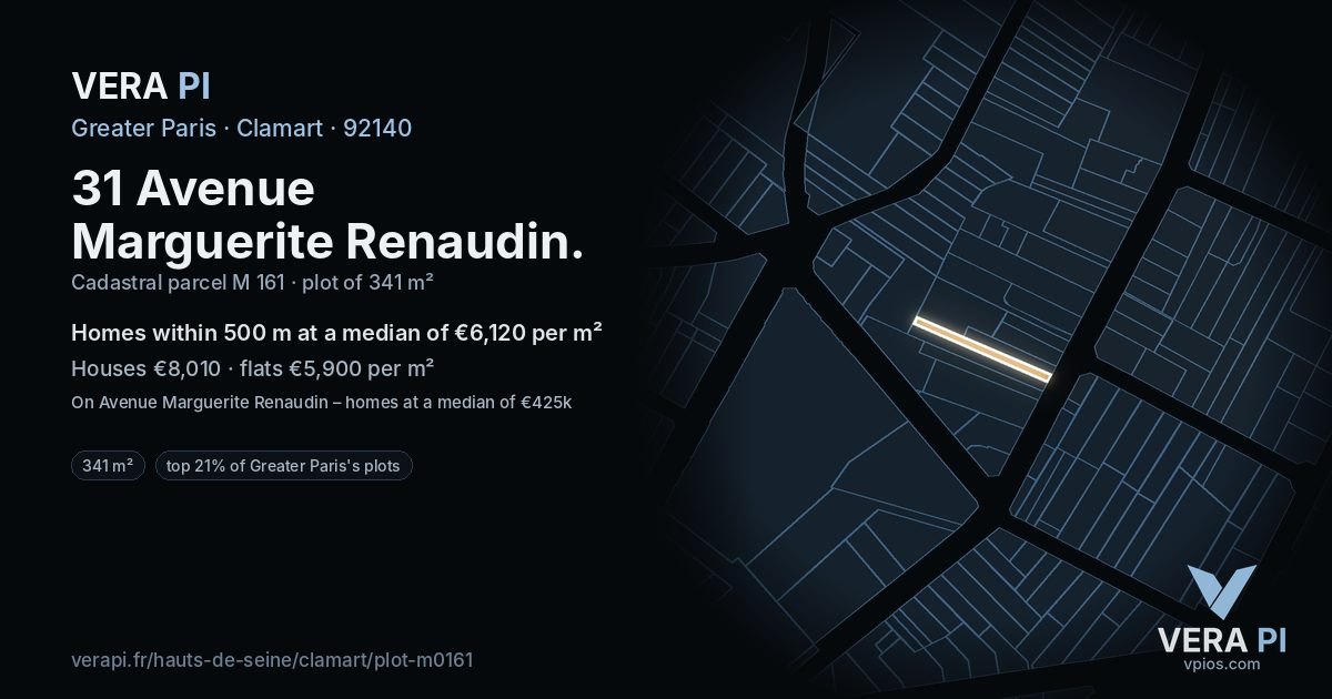 31 Avenue Marguerite Renaudin, Clamart at night – the plot lit, the parcels around coloured by the prices near them