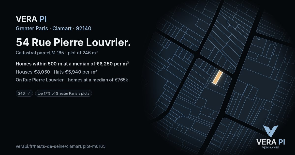 54 Rue Pierre Louvrier, Clamart at night – the plot lit, the parcels around coloured by the prices near them