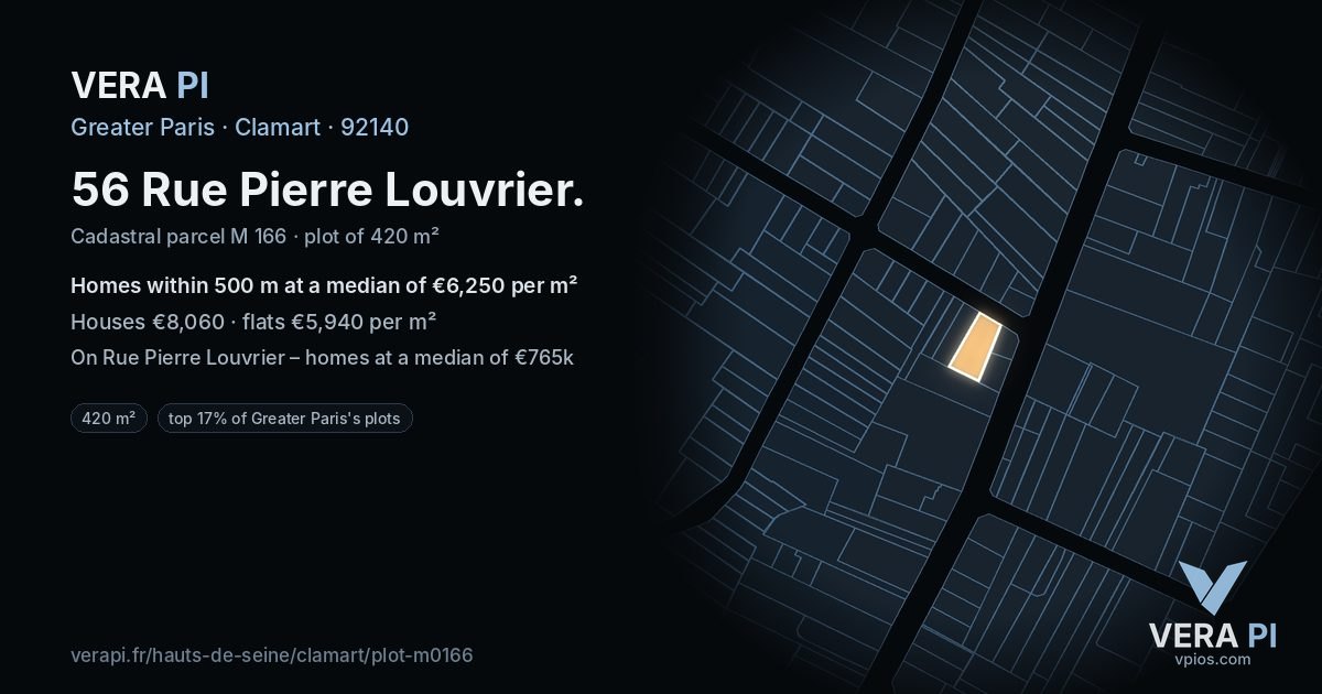 56 Rue Pierre Louvrier, Clamart at night – the plot lit, the parcels around coloured by the prices near them