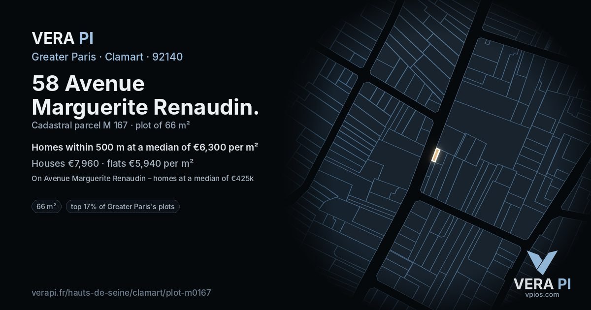 58 Avenue Marguerite Renaudin, Clamart at night – the plot lit, the parcels around coloured by the prices near them