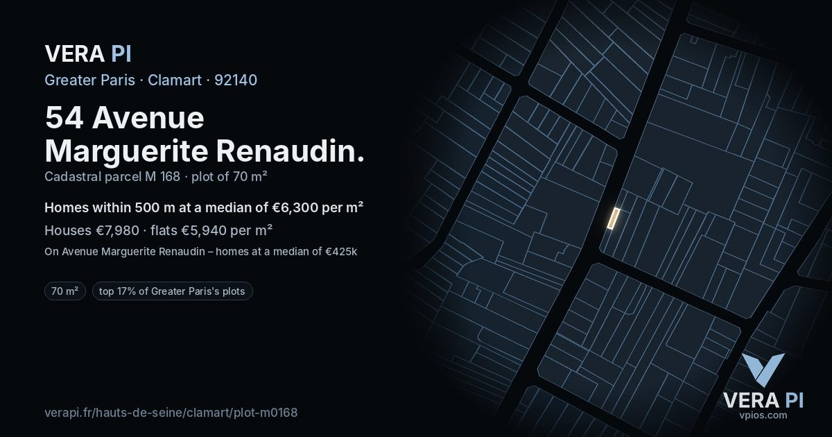 54 Avenue Marguerite Renaudin, Clamart at night – the plot lit, the parcels around coloured by the prices near them