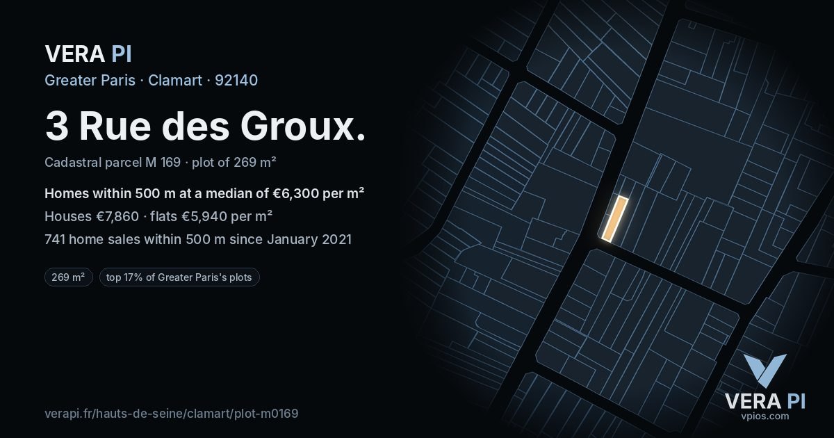 3 Rue des Groux, Clamart at night – the plot lit, the parcels around coloured by the prices near them