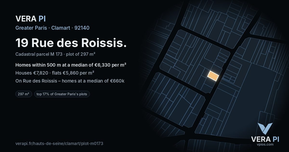 19 Rue des Roissis, Clamart at night – the plot lit, the parcels around coloured by the prices near them