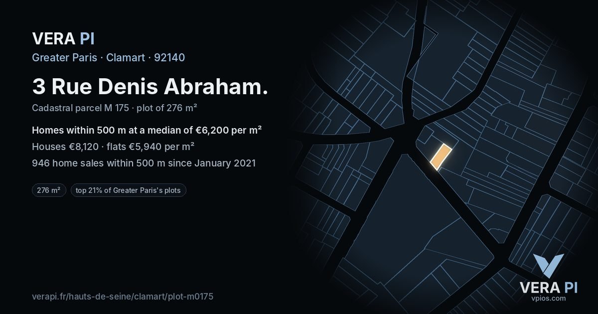 3 Rue Denis Abraham, Clamart at night – the plot lit, the parcels around coloured by the prices near them