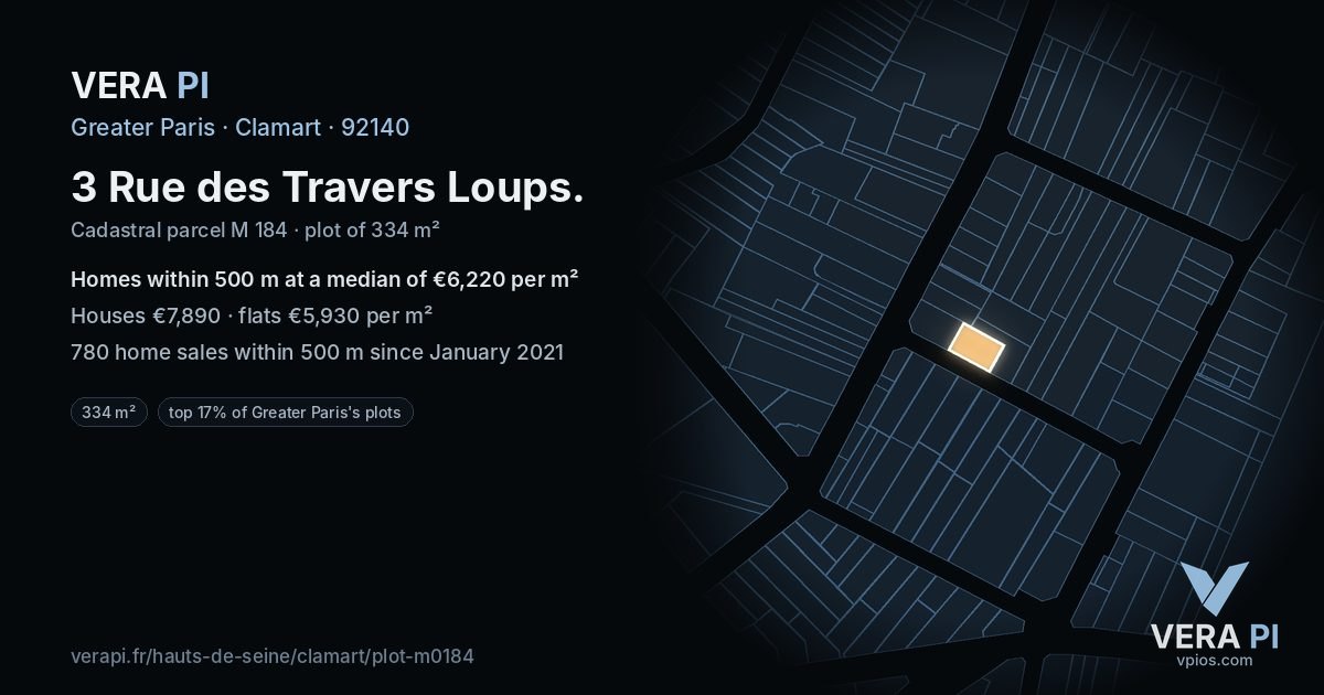 3 Rue des Travers Loups, Clamart at night – the plot lit, the parcels around coloured by the prices near them