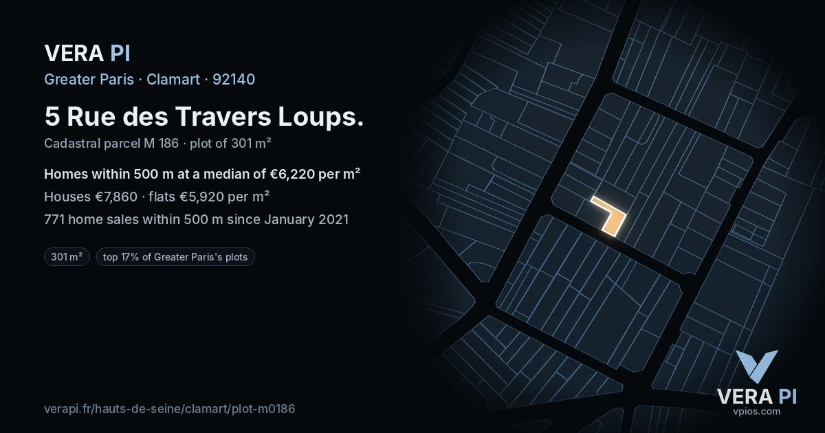 5 Rue des Travers Loups, Clamart at night – the plot lit, the parcels around coloured by the prices near them