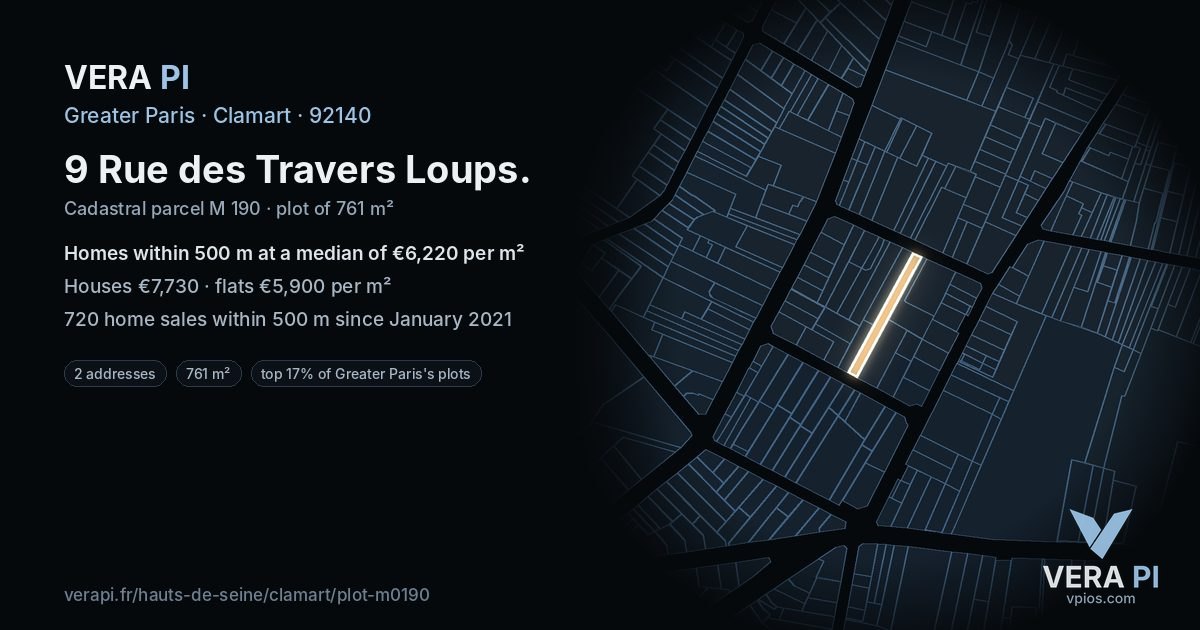 9 Rue des Travers Loups, Clamart at night – the plot lit, the parcels around coloured by the prices near them