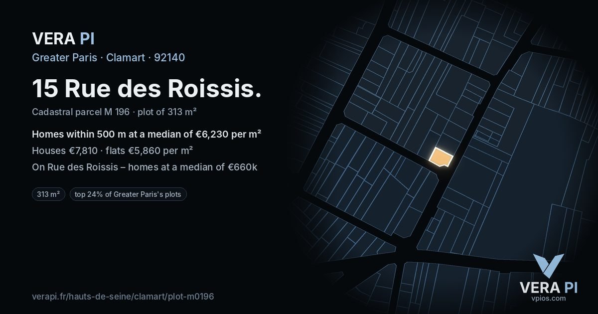 15 Rue des Roissis, Clamart at night – the plot lit, the parcels around coloured by the prices near them