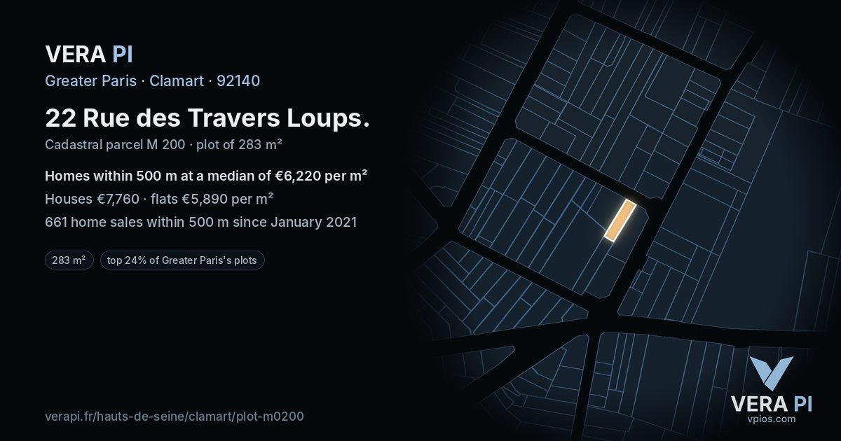 22 Rue des Travers Loups, Clamart at night – the plot lit, the parcels around coloured by the prices near them